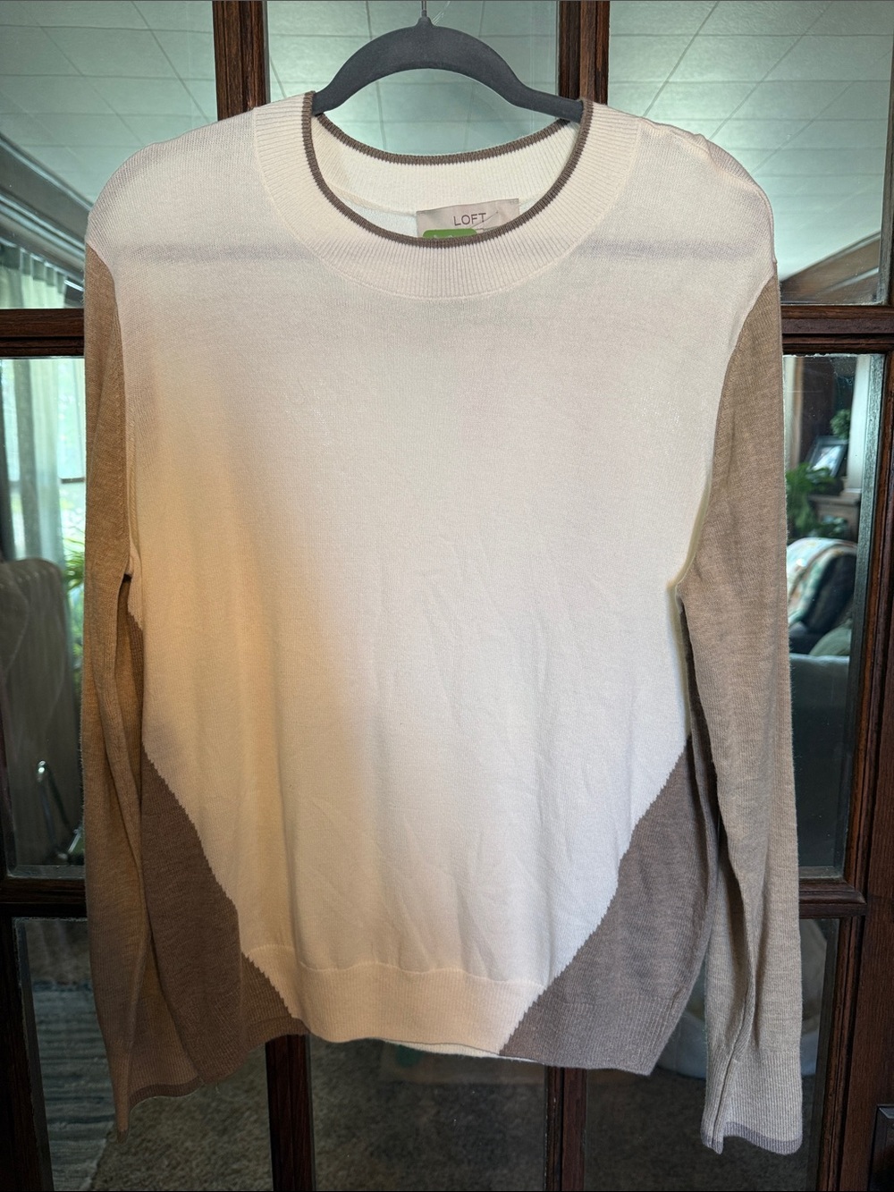 LOFT White and Taupe Colorblock Crewneck Sweater